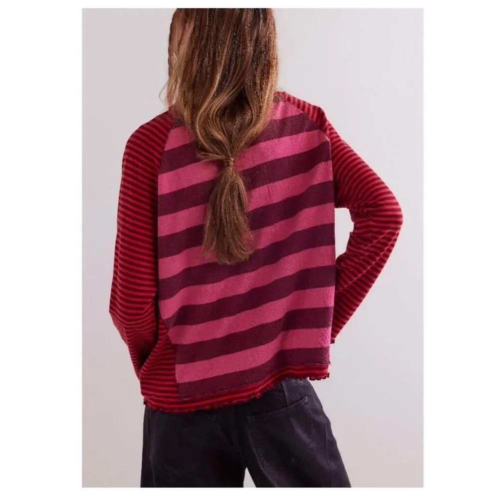 Free People We The Free Punk Playful Tee Size Medium Pink Red Stripes Emo